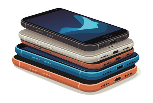 Stacked colorful modern smartphones with sleek designs on a plain white background.Isolated transparent background ( include cut-out PNG file )