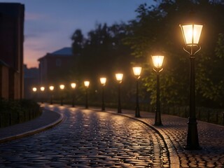 Night Street with Vintage Lamp Posts Illuminating Cobblestone Path in Evening Scene