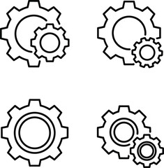Set of four gear icons in black outline style representing engineering mechanics settings and processes on a clean white background