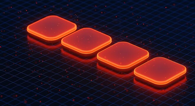 Abstract glowing blocks on dark grid creating a futuristic interface