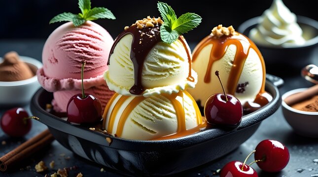 National Ice Cream Day. Assorted ice cream scoops in bowl with toppings. - Powered by Adobe