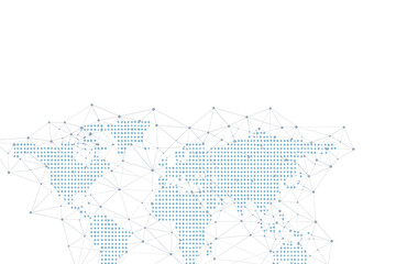 Fototapeta premium Connected dotted world map network on white background for global technology and data communication 