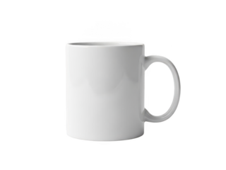 Plain white ceramic coffee mug ready for customization and branding with a handle transparent background