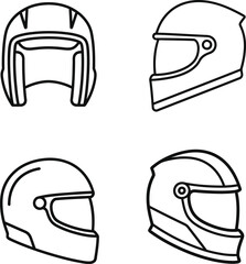 Collection of hand drawn helmet illustrations for motorsports and protective gear designs featuring various styles in a simple black and white outline