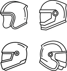 Set of four different motorcycle helmet designs in simple black and white outline style for graphic design and illustration projects