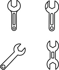 Simple wrench icon set in black and white outlines for repair maintenance and construction related designs and creative projects