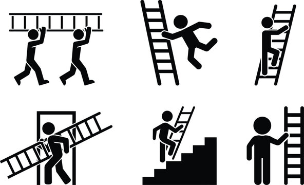 Stick figures with ladders illustrating progress and challenges