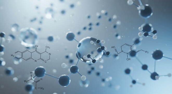 Abstract molecular structure background with atoms and chemical formulas and molecules - Powered by Adobe