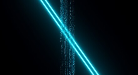 Abstract Turquoise Lines and Dotted Light Streams on Black Background