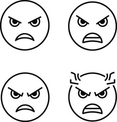 Four angry emoticons in black and white outline style expressing frustration irritation and displeasure in a simple and minimalist design