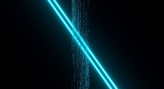 Abstract Turquoise Lines and Dotted Light Streams on Black Background