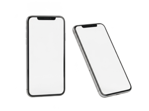 Two modern smartphones displaying blank screens isolated transparent background