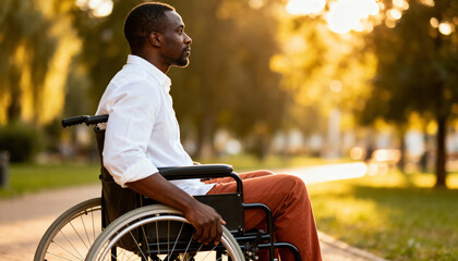 A thoughtful Black man in a wheelchair enjoying a quiet moment in the park at sunset. Profile view of a person with a physical disability outdoors during golden hour