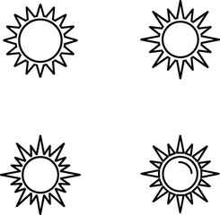 Four hand drawn sun icons with different ray styles on a white background for summer weather and design projects
