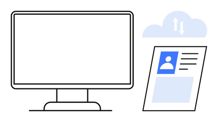 Digital technology concept. A computer monitor, cloud storage, and user profile highlight digital data transfer. Digital solutions streamline storage and secure data transfer. Ideal for IT, cloud