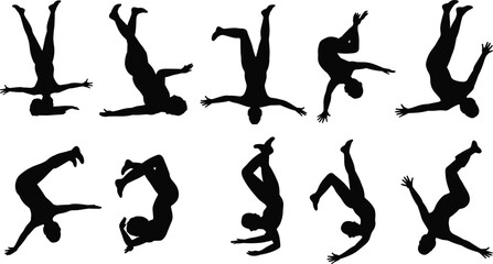 Acrobatic Figure Silhouettes Vector Set, Diverse People Diving, Tumbling, and Falling in Various Dynamic Action Poses
