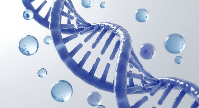 DNA strand with water molecules floating representing science and medicine