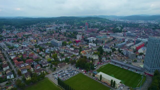 Aerial panoramic view of the old town city Winterthur in Switzerland on a cloudy morning day in summer