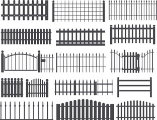 Detailed Fence and Gate Vector Collection, Set of Various Wood and Metal Boundary Barriers for Home and Garden