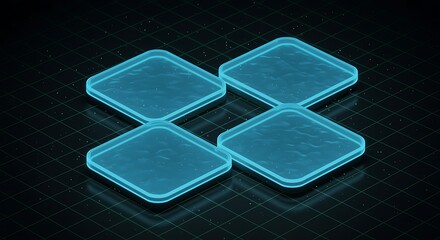 Futuristic Background with Glowing Blue Geometric Shapes on Dark Grid Surface