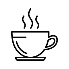 Simple black line icon of a steaming hot beverage in a cup and saucer isolated on