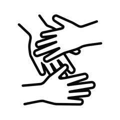 Outline drawing of multiple hands stacked together symbolizing teamwork, unity, and support isolated on