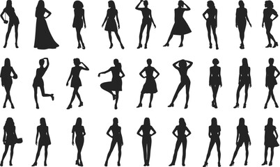 Dynamic Women Silhouettes Vector Collection, Set of Female Models Posing in Fashionable and Energetic Standing Attire