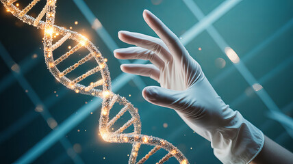 Gloved hand examines glowing DNA strand representing medical research and genetic engineering advancements, showcasing healthcare innovation and scientific discovery