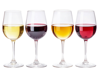 Four wine glasses filled with white and red wine against a black background