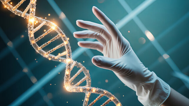 Gloved hand examines glowing DNA strand representing medical research and genetic engineering advancements, showcasing healthcare innovation and scientific discovery - Powered by Adobe