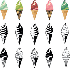 Ice Cream Cone Vector Icon Set, Colorful, Black Silhouette, and Outline Illustrations of Soft Serve Dessert Collection