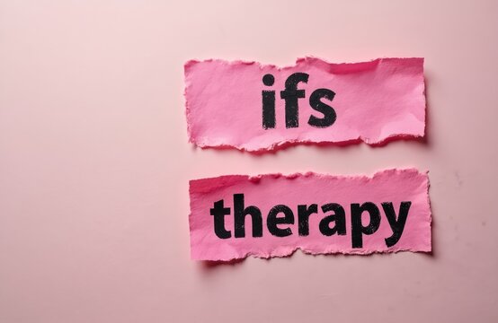 IFS therapy written on torn pink paper notes. Internal Family Systems psychotherapy treatment concept. Mental health wellness method promotes psychological self healing. Helps people manage emotional