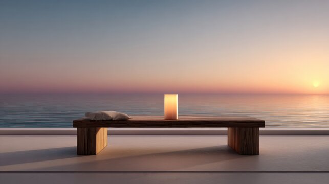 Warm Sunrise at a Tranquil Spa With a Wooden Bench by the Sea