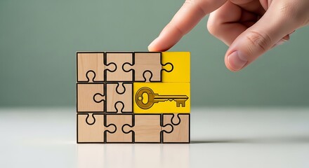 Hand placing final puzzle piece with golden key symbol to complete the solution concept