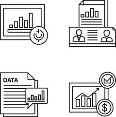 Hand drawn business data and analytics icons depicting charts graphs reports and financial transactions for presentations and websites