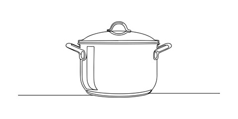 Continuous one line of a healthy cooking pot, symbolizing home meal preparation education, draw vector illustration.