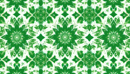 Green kaleidoscope pattern with floral and geometric elements on white background