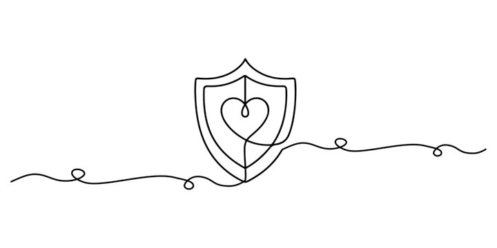 Continuous one line of a prevention shield symbol with heart, representing health awareness and protection, drawn vector illustration. - Powered by Adobe