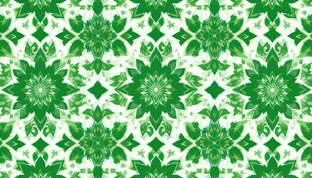 Green kaleidoscope pattern with floral and geometric elements on white background