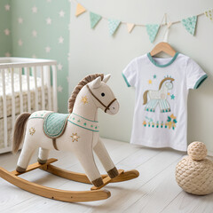 &ldquo;Felt applique horse rocking toy, stitched wooden base, soft nursery color palette, children&rsquo;s t-shirt design&rdquo;