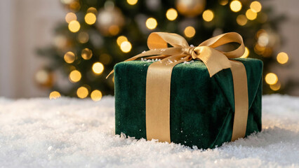Obraz premium Elegant Dark Green Velvet Christmas Gift Box with Gold Ribbon Bow on Snow with Warm Bokeh Background