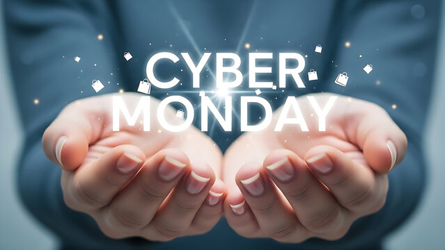Cyber monday promotion hands presenting glowing text representing online shopping deals and technology sales event