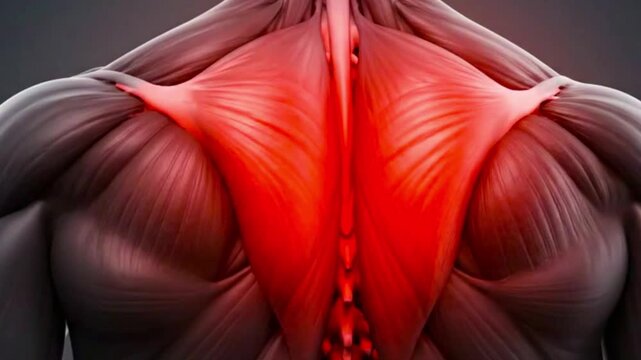 Close up of a muscular back with red highlighting indicating pain or inflammation area in the muscles