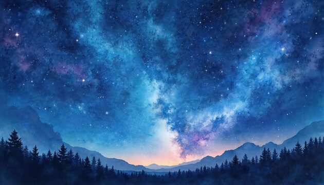 Starry night sky with milky way galaxy over mountain forest. Watercolor painting of nature landscape with pine tree silhouettes. Serene cosmos universe background showing deep space view. Peaceful