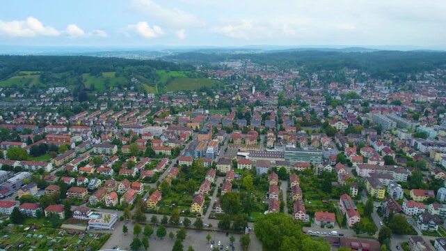 Aerial panoramic view of the old town city Winterthur in Switzerland on a cloudy morning day in summer