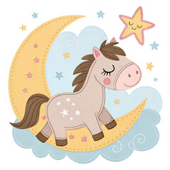 &ldquo;Cute sleepy horse with stitched moon and stars, felt applique style, pastel cozy palette, kids bedtime apparel print&rdquo;