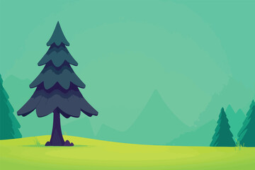 A serene illustration captures a stylized evergreen tree standing tall on a grassy knoll, set against a backdrop of rolling hills and a gradient teal sky, evoking a sense of calm.