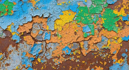 Obraz premium Colorful cracked paint on a rusty metal surface creates an abstract pattern