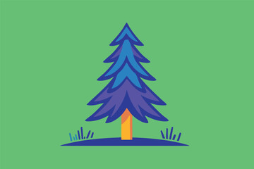 A stylized illustration showcases a vibrant, colorful evergreen tree with blue and purple foliage and an orange trunk, set against a solid green background, evoking nature and growth.