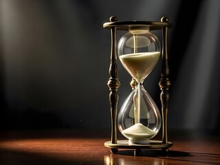 Elegant Glass Hourglass with White Sand on Wooden Surface in Dim Lighting